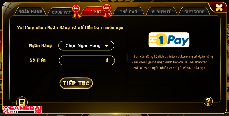 Biểu mẫu điền thông tin nạp tiền thông qua hệ thống 1 Pay