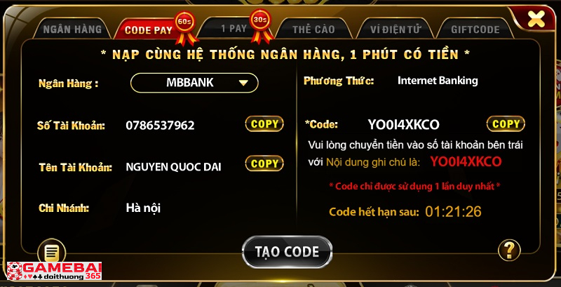 Biểu mẫu thông tin nạp tiền thông qua hệ thống Code Pay