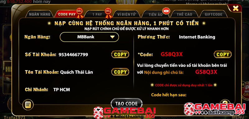 Nạp tiền bằng Code Pay dễ thực hiện, không rườm rà